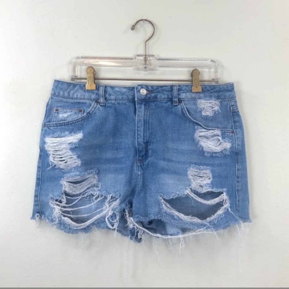 Women’s Distressed Ripped Blue Denim Mom Jean Shorts US 12 Topshop Moto